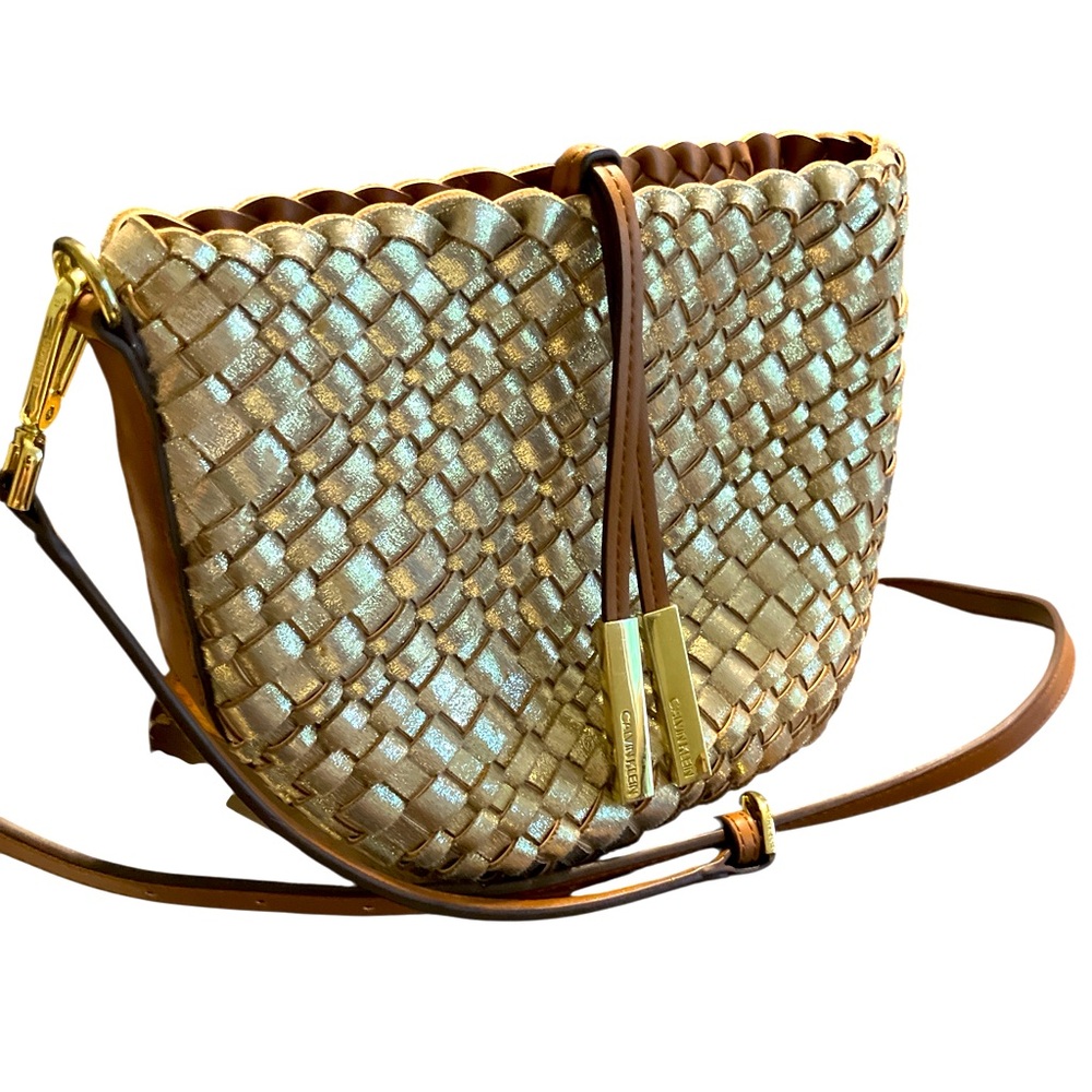 Calvin Klein Gold Woven Crossbody with Brown Strap